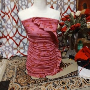 Pink Floral Ruffled Strapless Dress